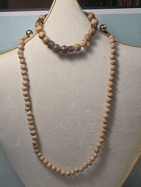 Neutral Beige Picture Jasper Bead Necklace And Bracelet Set with Accent Beads